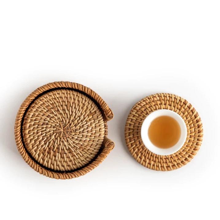 Rustic Rattan Coaster Set