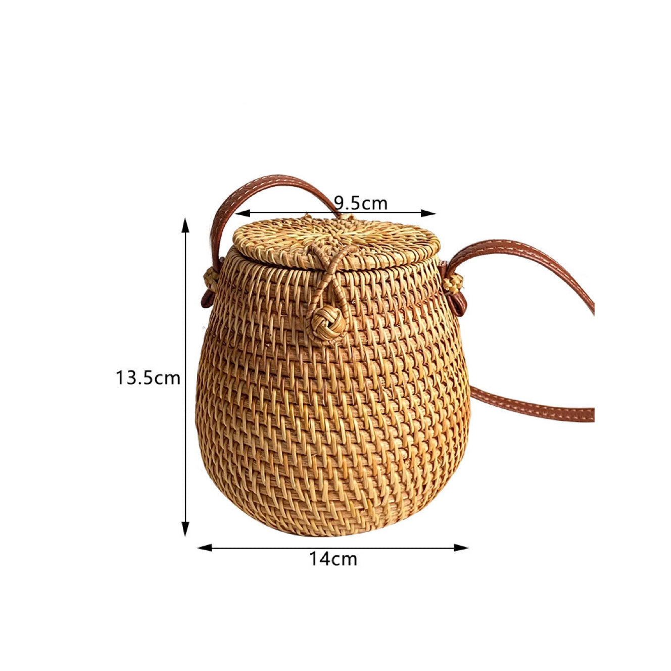 Rattan Barrel Bag with measurements, handwoven eco-friendly accessory featuring PU leather crossbody strap, height 13.5cm, width 14cm, top diameter 9.5cm